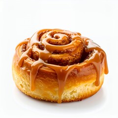 Delicious freshly baked cinnamon roll with caramel glaze, delectable pastry on white background