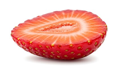 Close-up macro shot of a ripe strawberry half, revealing juicy red flesh and seeds