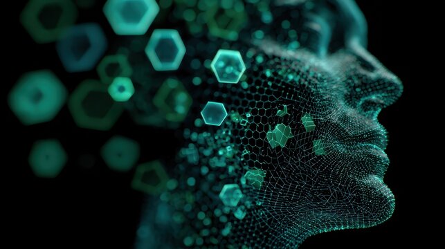 abstract human head silhouette with digital hexagon patterns representing ai data and information flow