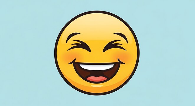 Hilarious laughter portrayed by a yellow emoji with squinting eyes against a blue background - Powered by Adobe