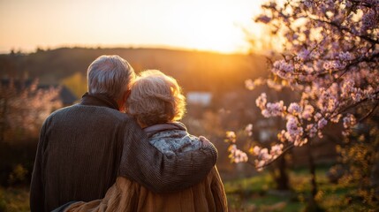 side view of senior couple hugging outside in spring nature at sunset no logos no brands ar 169