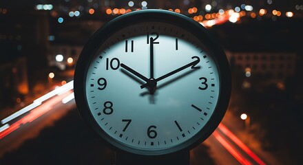 Close-up of a clock face at night with blurred city lights and light trails