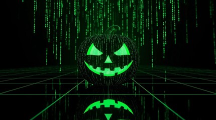 Futuristic Halloween jack o lantern pumpkin with glowing matrix code design, digital cyber concept with green binary numbers, virtual reality horror background and technology spooky theme