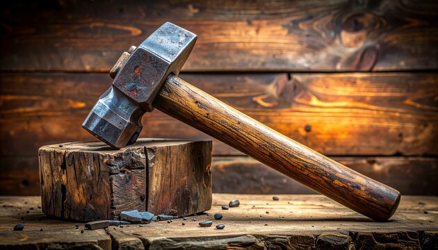 Hammer a heavy sledgehammer tool resting on a wooden stump in a rustic workshop setting. - Powered by Adobe