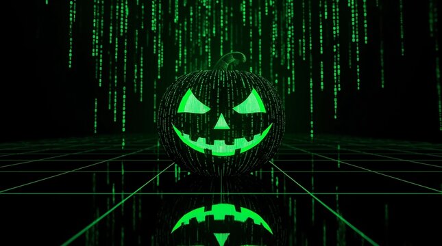 Futuristic Halloween jack o lantern pumpkin with glowing matrix code design, digital cyber concept with green binary numbers, virtual reality horror background and technology spooky theme