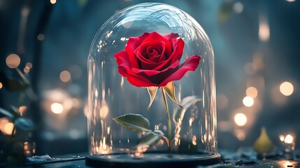 A vibrant red rose preserved under a luminous glass cloche, surrounded by dreamy, soft lights for a touch of magic