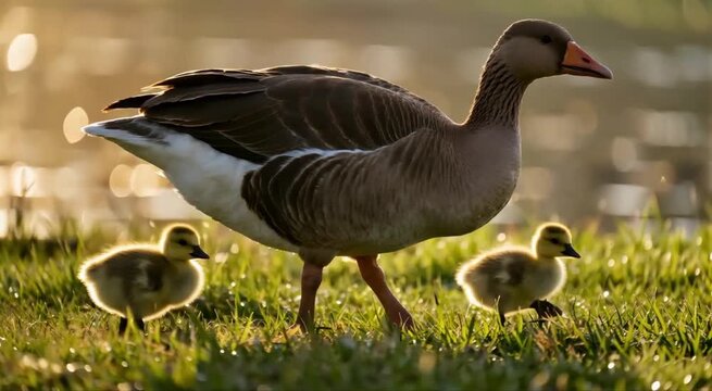 Primer plano de una madre pato caminando por una pradera de pasto verde, con sus pequeños patitos