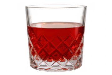 Crystal glass containing red liquor on transparent background