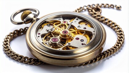 Pocketwatch with an open face showing the intricate internal mechanism and gears. A classic vintage timepiece with a chain on a white background.
