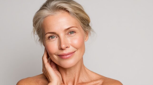 attractive gorgeous mature older woman looking at camera isolated on white background advertising skincare spa treatment mid age tightening face skin care rejuvenation cosmetics concept portrait no l