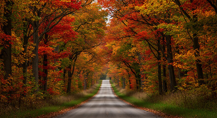 Fototapeta premium Serene Autumn Road: Vibrant Fall Foliage, Country Lane, Peaceful Mood, Scenic Drive.