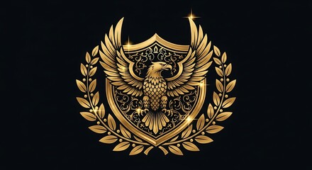 Golden eagle emblem on shield with laurel wreath exudes power and sophistication, a symbol of