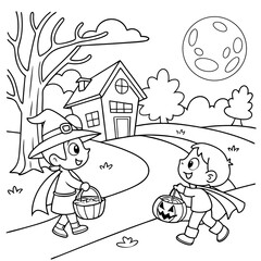 Halloween coloring page vector illustration of children in costumes (witch, vampire, pumpkin, ghost) carrying candy buckets while trick-or-treating at night. Cute black and white outline drawing