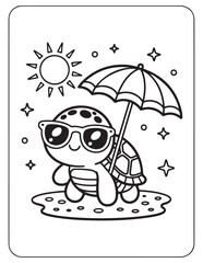 Cute kawaii summer coloring pages, kawaii animals coloring pages, summer, summer coloring page, bold & easy coloring pages, line art, vector illustration, black & white designs, kawaii characters