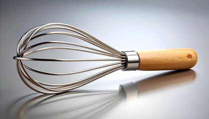 Whisk with a wooden handle on a reflective surface. Metal kitchen utensil for cooking, baking, and mixing ingredients.