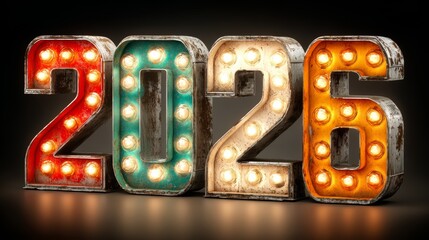 Sign with the numbers 2026 in neon lights. The sign is colorful and has a festive, celebratory mood