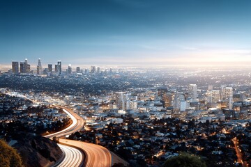 Naklejka premium Night cityscape aerial view with urban skyline at dusk and highway light trails. City metropolis panoramic landscape for travel concept.