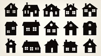 Collection of black and white houses with a white background. The houses are all different sizes and shapes