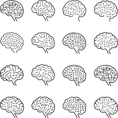 Vector art of collection of brain icons, showcasing diverse representations of human intelligence, thought processes, and cognitive functions in simple black and white design