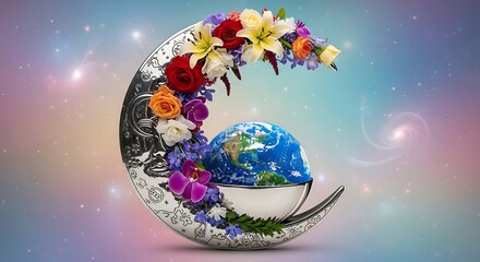 Ethereal bloom crescent holding the earth globe with a celestial cosmic backdrop