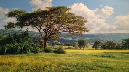 Obraz premium painting of a tree in a field surrounded by lush african landscape