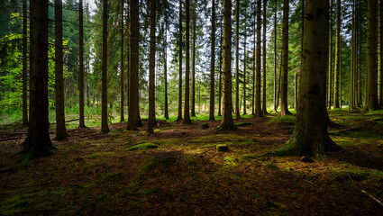 Fototapeta premium Sunlight streams through the dense canopy of tall evergreen trees in a tranquil forest, illuminating the mossy forest floor