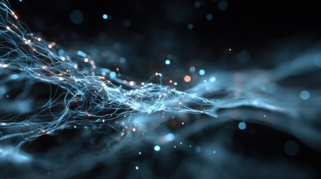 abstract of digital artificial intelligence glowing neural networks binary streams and futuristic tech structures on a dark backdrop