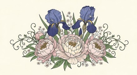 Elegant floral arrangement featuring irises and peonies with decorative flourishes artistic creation