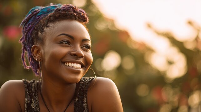 portrait of beautiful african american woman smiling and looking away at park during sunset outdoor portrait of a smiling black girl happy cheerful girl laughing at park with colored hair band no log