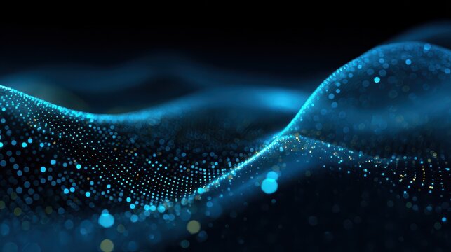 abstract digital wave of glowing blue dots on a dark background creating a futuristic and dynamic sense of motion and technology