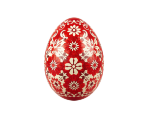 Close up shot featuring a floral patterned Easter egg in red and white floral pattern style