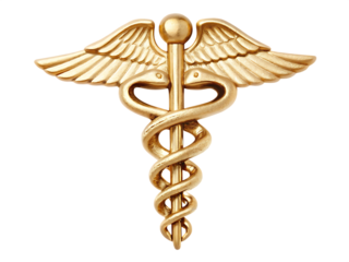 Golden medical caduceus symbol isolated on a transparent background