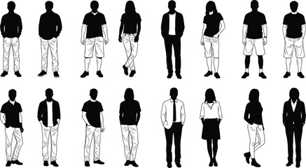 Sixteen Standing Figure Silhouettes – Vector Set Featuring Casual and Formal Outfits, Natural Poses, Fashion Diversity, and Character Design Reference