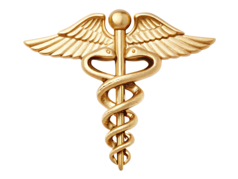 Golden medical caduceus symbol isolated on a transparent background