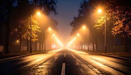 Foggy road at night, lit by street lamps, with trees lining each side, shiny asphalt