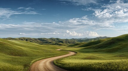 Obraz premium winding dirt road through rolling green hills under a cloudy blue sky landscape view