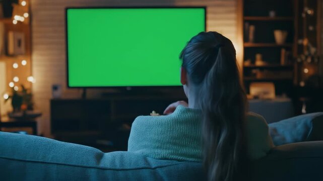Woman watches green screen television while eating popcorn at night