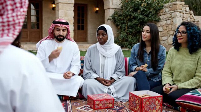 Diverse group sitting outdoors on rug eating biscuits. A gathering showing friendship and inclusion. Cultural exchange, social connection, interfaith harmony.
