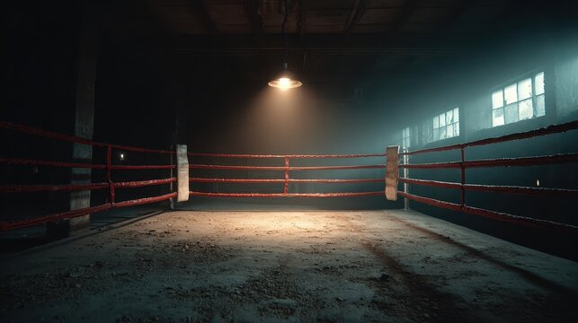 Dark boxing ring under a bright spotlight in a dimly lit gymnasium at night ready for a challenging boxing match
