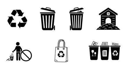 Recycling icons, waste disposal symbols, and garbage containers.