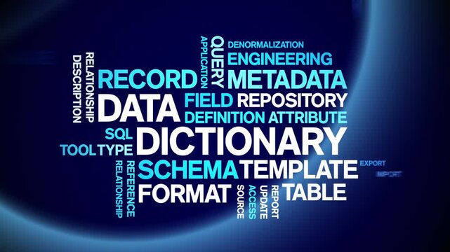 Data Dictionary animated word cloud-text design animation tag kinetic typography seamless loop.