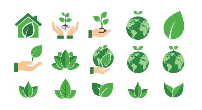 A collection of green eco-friendly icons representing environmental care, sustainability, and nature conservation