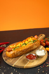 Delicious hot dog with vegetables and sauces on a wooden board with orange background
