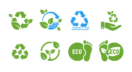 A collection of eco-friendly vector icons promoting sustainability, recycling, and environmental conservation concepts