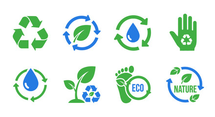 A comprehensive set of green and blue vector icons illustrating the core principles of ecology, sustainability, recycling, and environmental consciousness for a greener future