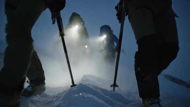 Climbers hike through deep snow at night with headlamps showing extreme winter adventure this is a great polar expedition this is a very difficult and cold team challenge