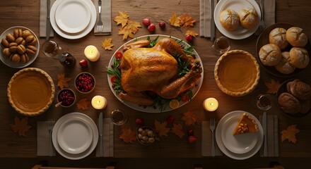 Overhead Festive Holiday Dinner Table with Roasted Turkey, Pumpkin Pies, Autumn Decor, and Lit Candles. Bountiful Feast.
