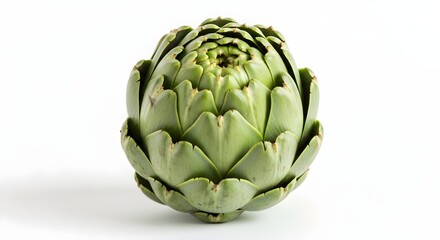 Obraz premium A fresh, vibrant green artichoke with tightly packed leaves and a pointed shape. Known for its mild flavor and unique texture, it is commonly used in Mediterranean cuisine and as a healthy appetizer.