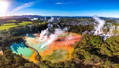 a photography of aerial view of the geothermal wonders in rotorua including bubbling mud pools and colorful thermal springs showcasing the region s unique natural phenome
