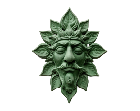 Detailed stone carving of a mystical green man surrounded by verdant leaves on plain backdrop